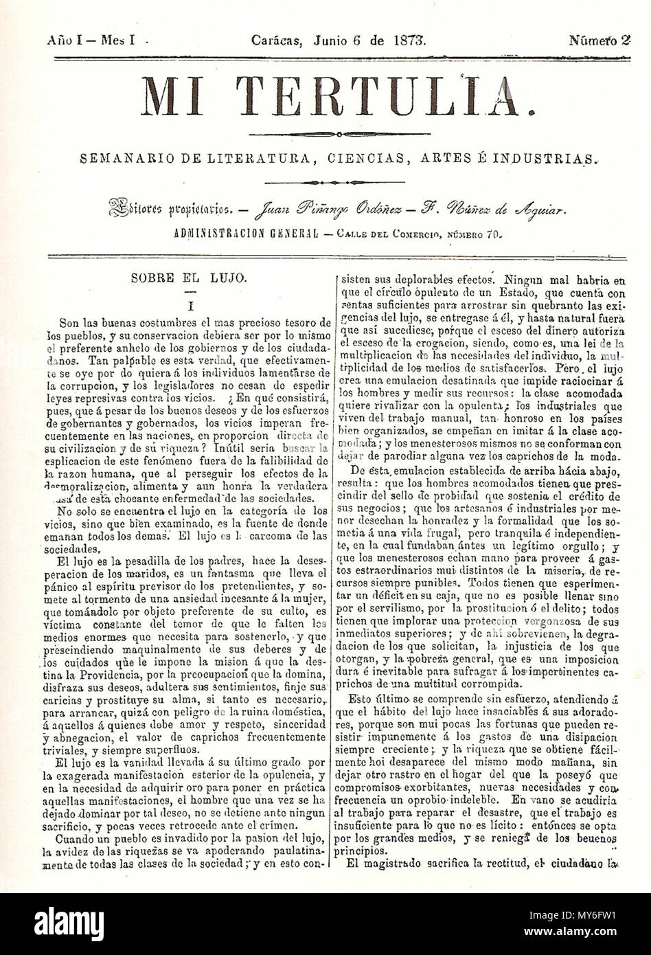 . Español: Prensa Venezolana del siglo XIX: Mi Tertulia 1873 . 1873. Unknown 361 Mi Tertulia 1873 000 Stock Photo