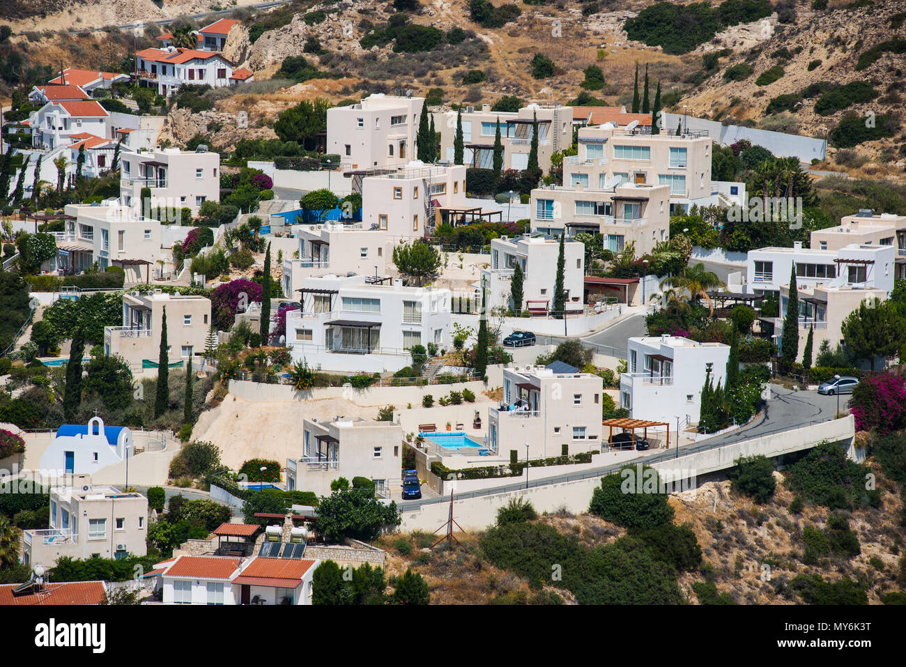 PISSOURI BAY, CYPRUS - JUNE 14, 2017: The Pissouri bay resort is a small village settlement with private apartments on the Mediterranean sea coast Stock Photo