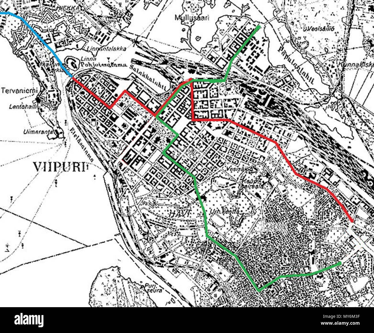 English: Vyborg tram route map in the 1930s. Line 1 - red / Line 2 - green  / Line 3 - blue Suomi: Viipurin raitoliikenteen linjat 1930-luvulla. Linja  1 (punainen): Raatihuoneentori -