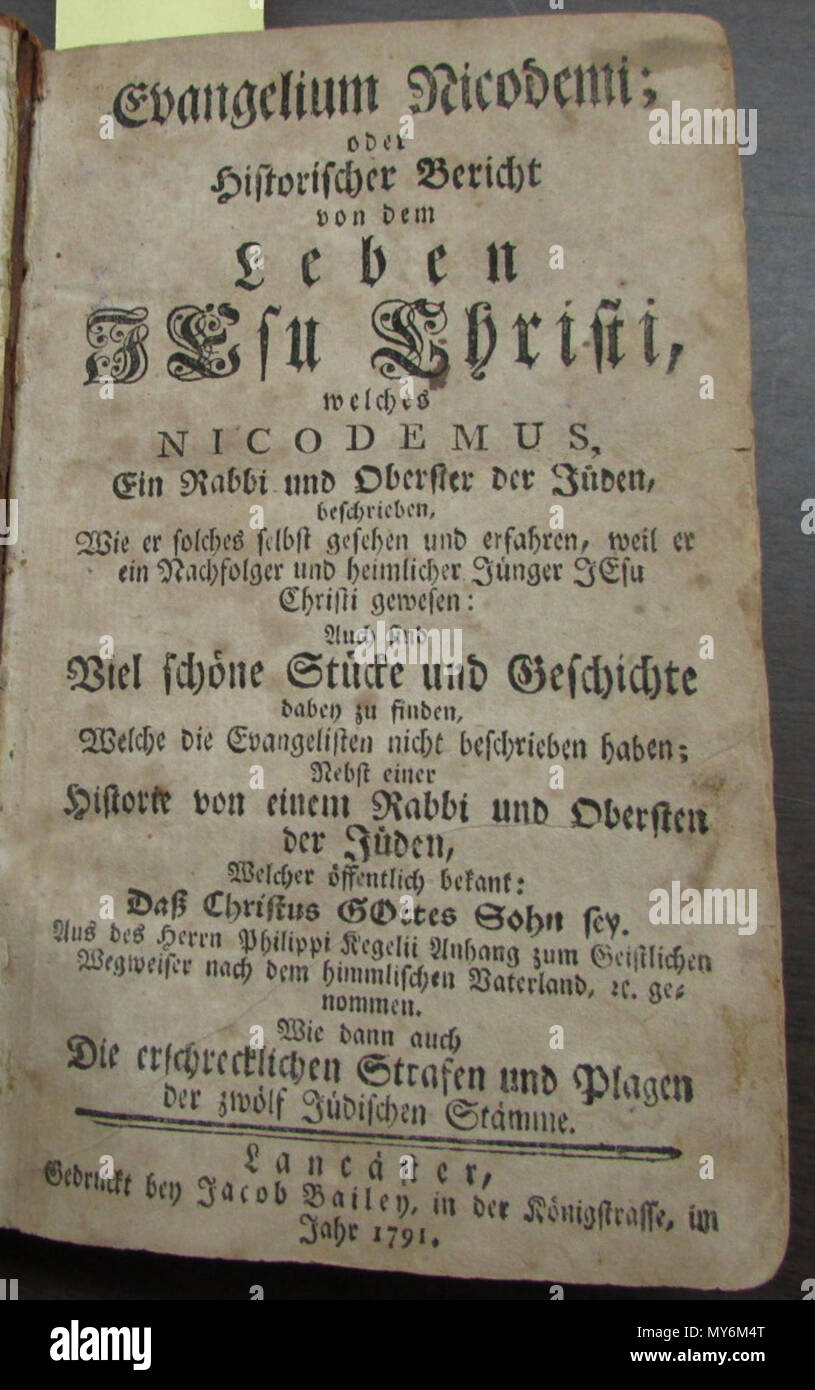 . English: Title page of Evangelium Nicodemi (in German), Lancaster, Bailey Imprint: 1791. 1791. Unknown 172 Evangelium Nicodemi 1791 Stock Photo