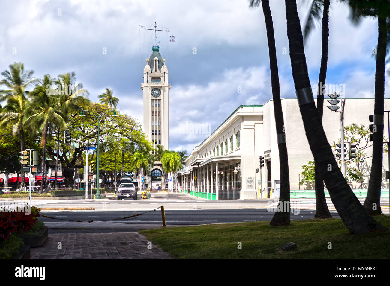 Aloha Tower in Honolulu, Oahu, Hawaii Stock Photo