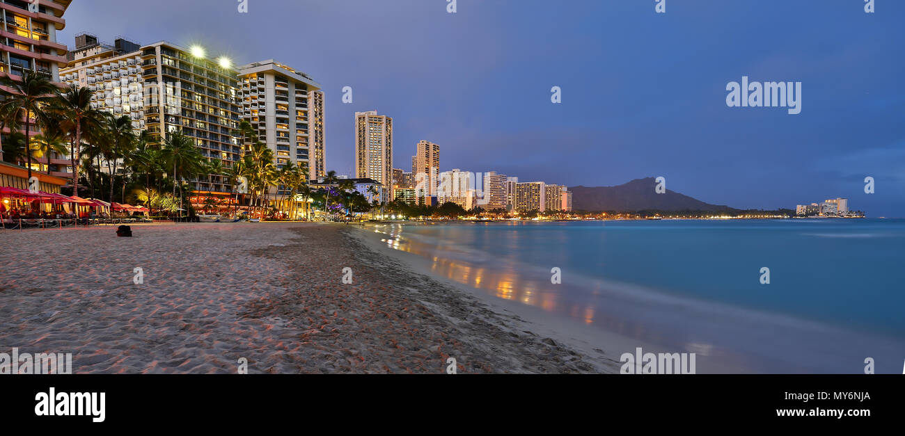 Waikiki Beach, Honolulu, Oahu at Dusk Stock Photo