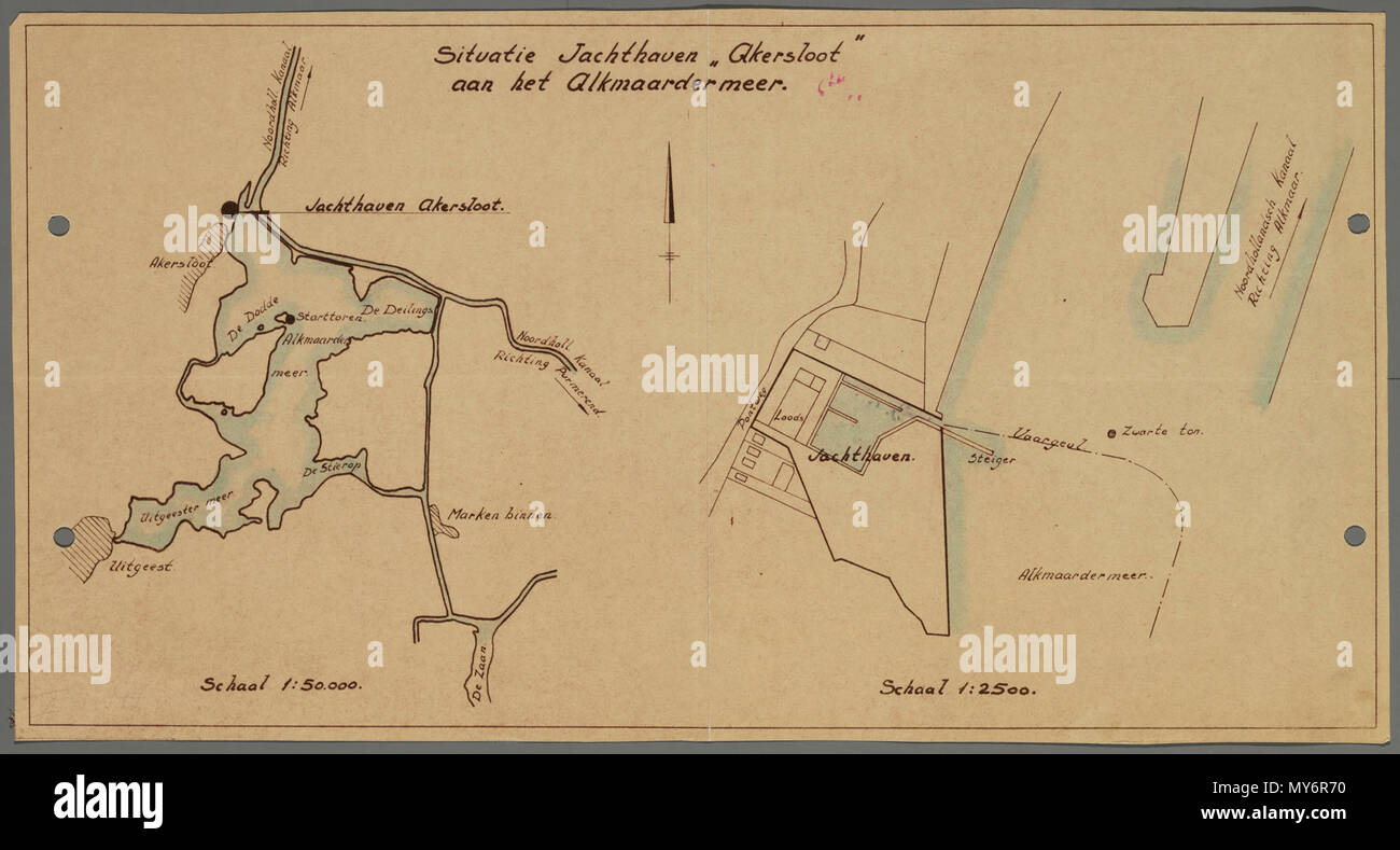 Jachthaven 'Akersloot' 1938. Kaart van de Alkmaardermeer met situatie van jachthaven 'Akersloot' aan het Alkmaardermeer.  Vervaardiger: Onbekend Catalogusnummer: PR 1003214 Stock Photo