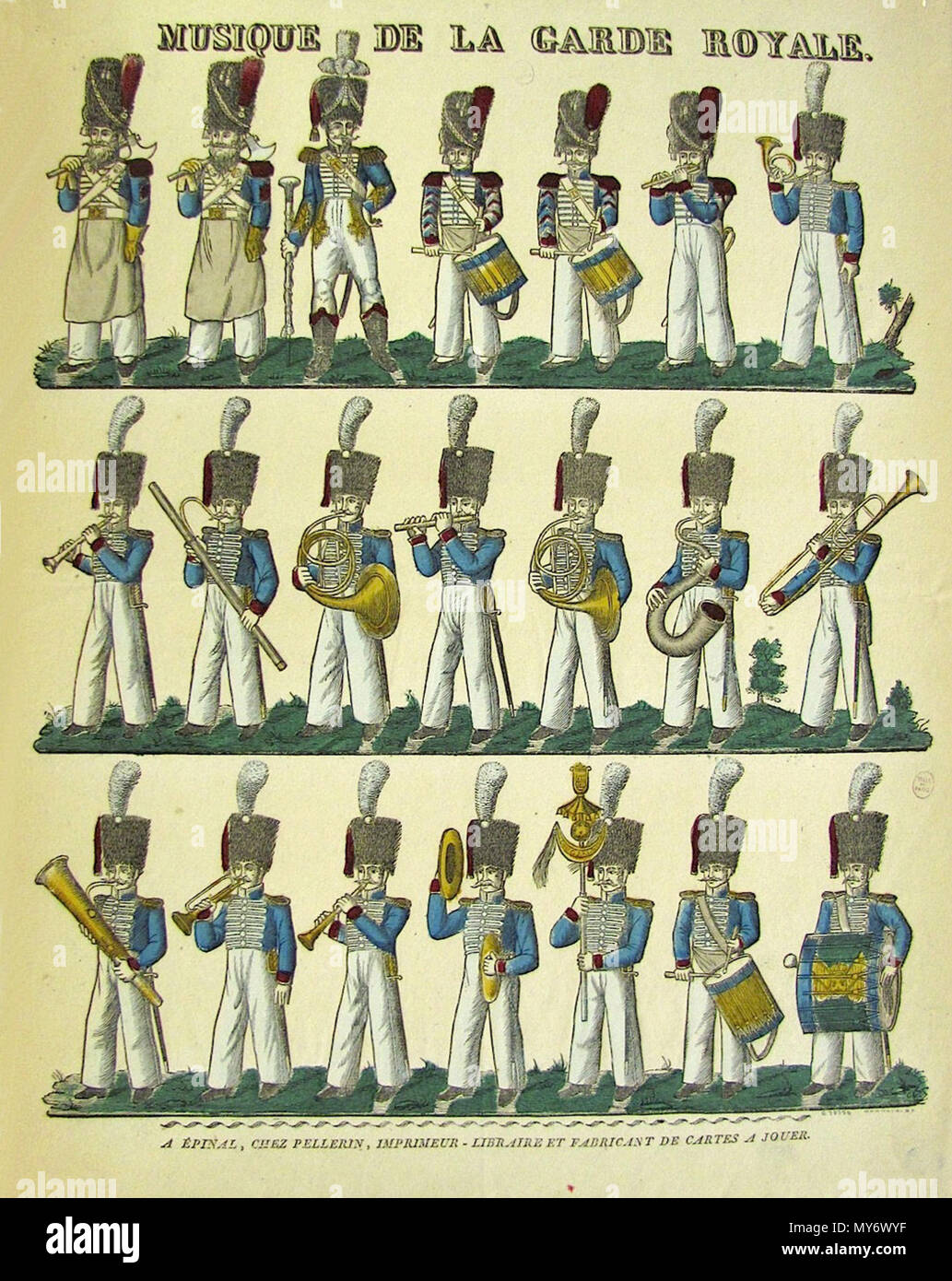 Français : Musique de la garde royale, Restauration. L'instrumentation a  évolué avec 2 tambours, une grosse caisse, une caisse roulante, des  cymbales, un chapeau chinois pour les percussions et flûtes, clarinette,