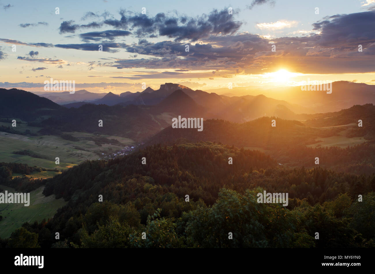 Sunset over Summer mountain landscape in Slovakia, Pieniny Stock Photo