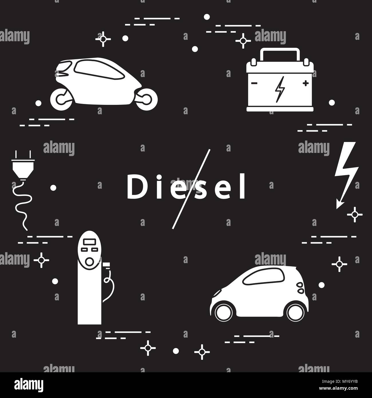 Ban on diesel engines. Transport is environmentally friendly. Electric cars, battery, charging station, electrical safety sign, cable, electrical plug Stock Vector