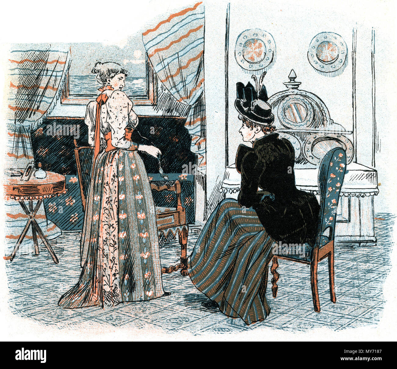 Dansk: To fine damer taler sammen i en fin stue. English: Two delicate  ladies talking together in a delicate room. 3 November 1892. Anonymous 441  Punch(Danish)1892-11-03nr44 Stock Photo - Alamy