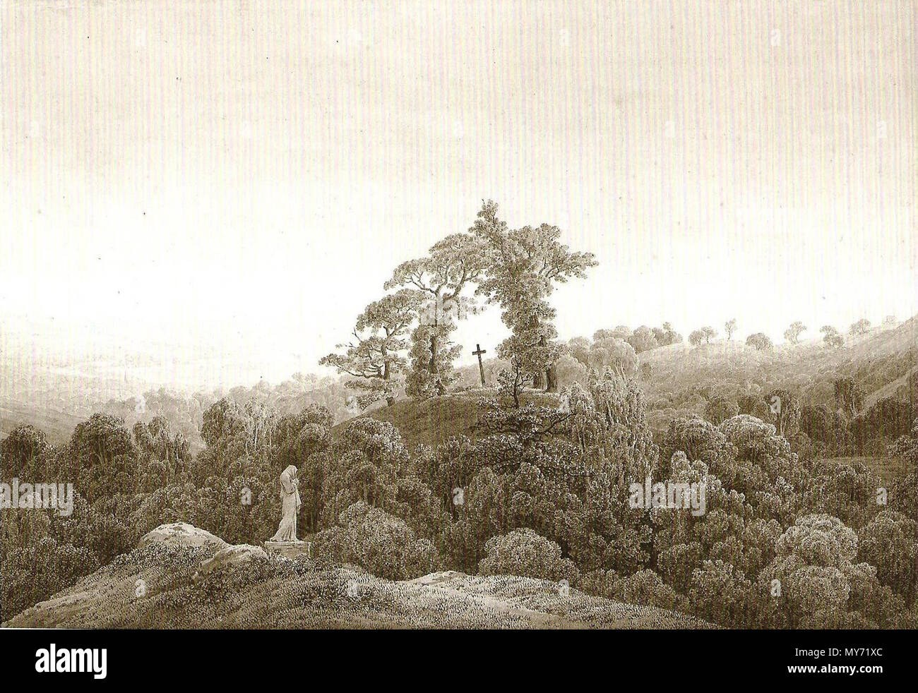 . Deutsch: Das Kreuz an der Ostsee, um 1806/07, Sepia, 40,2 x 58 cm . 8 August 2014, 12:51:20.   Caspar David Friedrich  (1774–1840)      Alternative names German: Caspar David Friedrich  Description German painter, draughtsman and etcher  Date of birth/death 5 September 1774 7 May 1840  Location of birth/death Greifswald Dresden  Work period Romanticism  Work location Berlin, Greifswald, Rügen, Dresden (1798)  Authority control  : Q104884 VIAF: 12145857793223021180 ISNI: 0000 0001 0855 1681 ULAN: 500116242 LCCN: n79059754 NLA: 35104582 WorldCat 303 Kreuz an der See Stock Photo