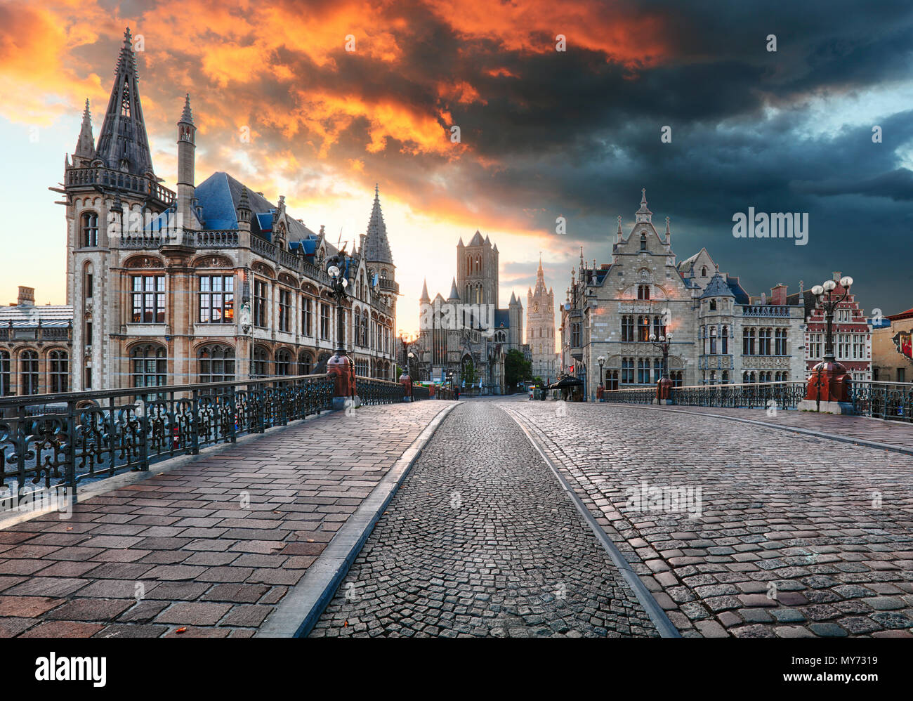 Ghent, Belgium during night, Gent old town Stock Photo
