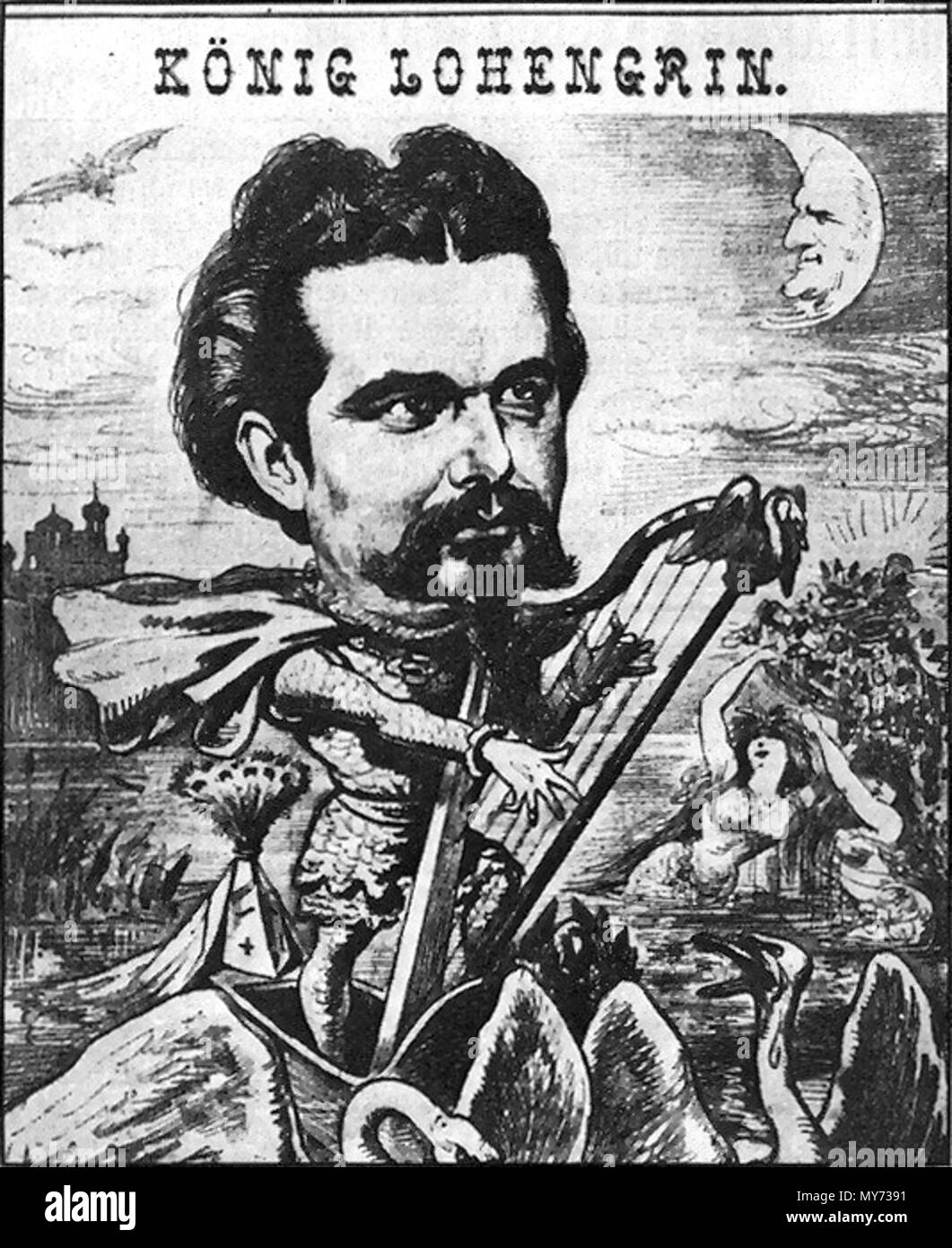 . English: Ludwig II of Bavaria portrayed as 'King Lohengrin' below a moon with the face of composer Richard Wagner. From 'Der Floh' 30.01.1885 . 1885. Anonymous 327 Lohengrin 1885 Stock Photo