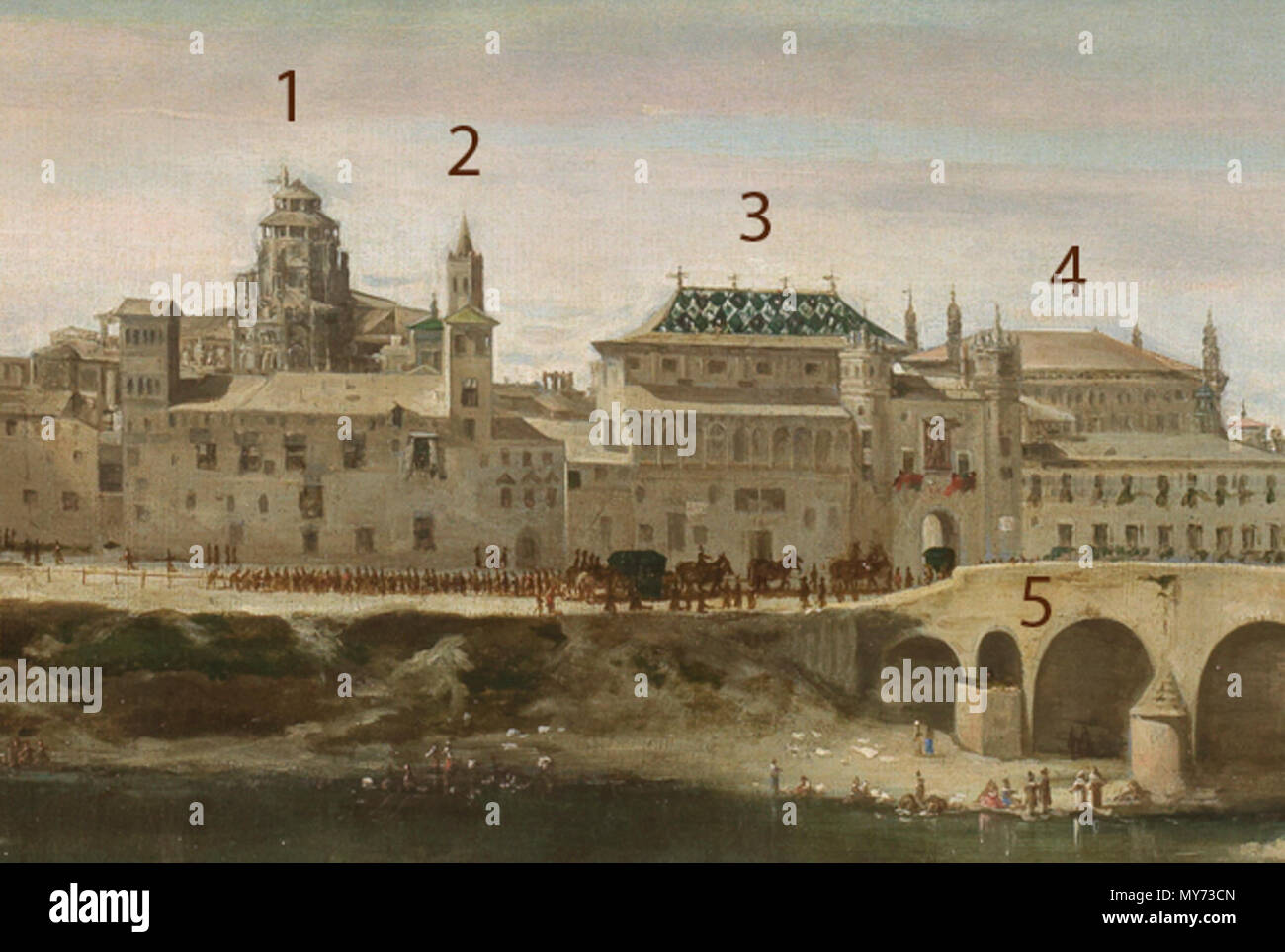 . Español: Detalle vista de Zaragoza (Óleo de Juan Bautista Martínez del Mazo) 1:Cimborrio de la Seo 2:Torre Mudéjar 3:Palacio de la Diputación del Reino 4:Lonja 5:Puente de piedra . circa 1647. Juan Bautista Martínez del Mazo, detalle y modificación por Escarlati 138 Detalle vista de Zaragoza (JB del Mazo)-num Stock Photo