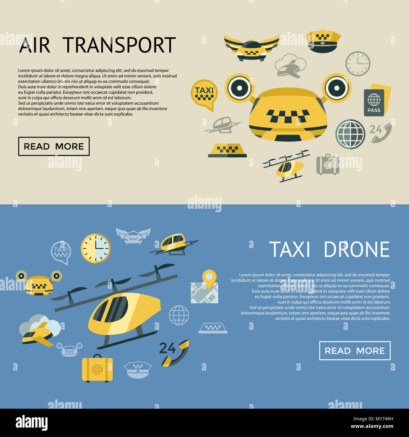 Digital vector flying taxi drone icon set pack illustration, simple line flat style infographics Stock Vector