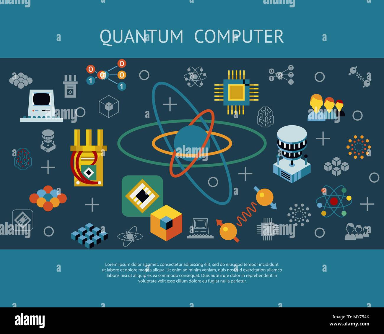 Digital vector quantum computing and qubits icon set pack illustration