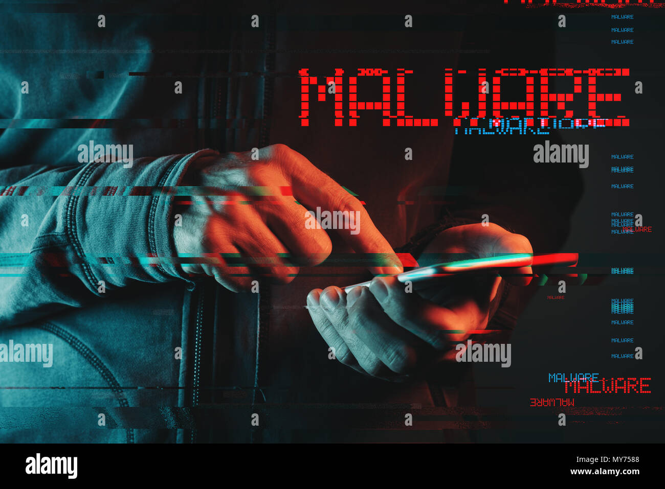 Malware concept with male person using smartphone, low key red and blue lit image and digital glitch effect Stock Photo