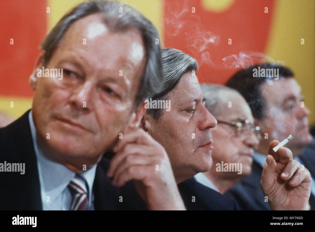 (l-r) Willy Brandt, Helmut Schmidt, Herbert Wehner and Holger Boerner, photographed in December 1979 at the SPD federal party conference in Berlin.  | usage worldwide Stock Photo