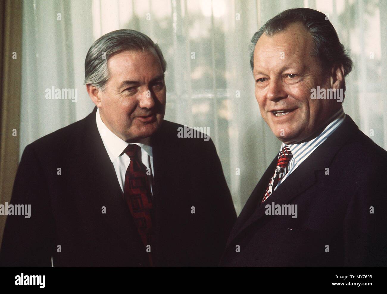 British Foreign Minister James Callaghan meets with German Chancellor Willy Brandt during his visit to the Federal Republic of Germany, in the chancellor's office in Bonn, Germany, in March 1974    | usage worldwide Stock Photo