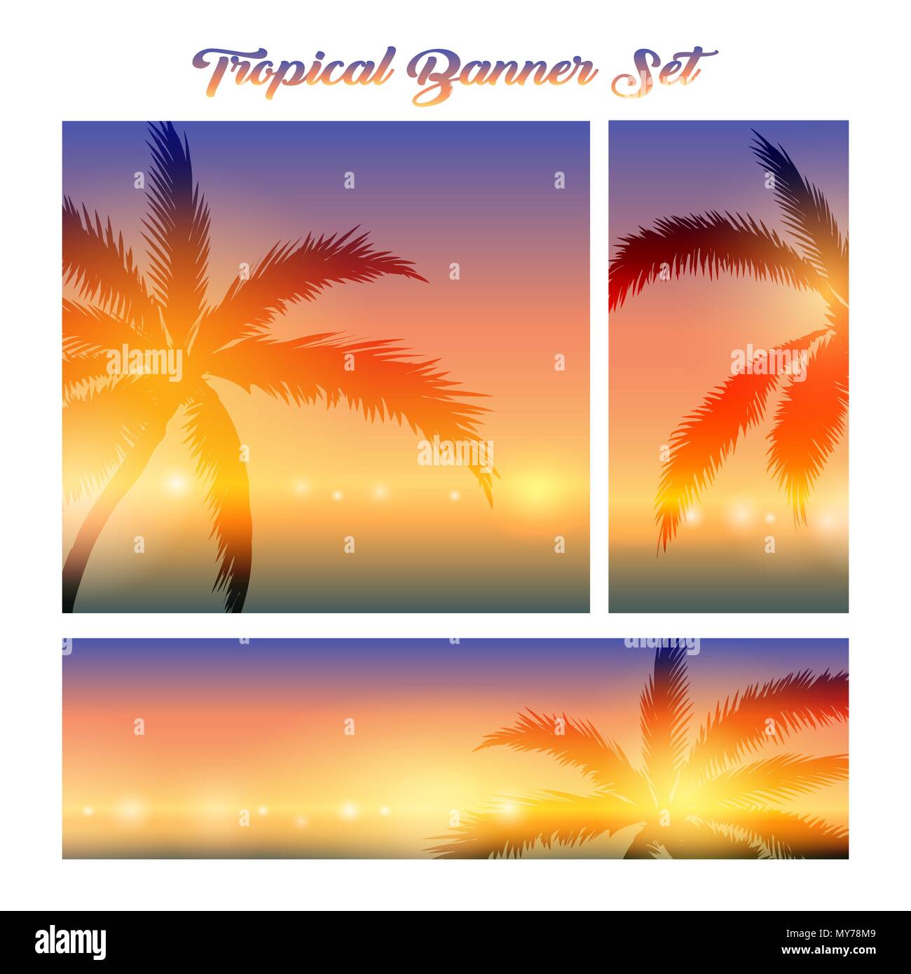 Summer tropical banner set. Coasline sunset backgrounds with palm trees for your text or messages. Vector illustration. Stock Vector
