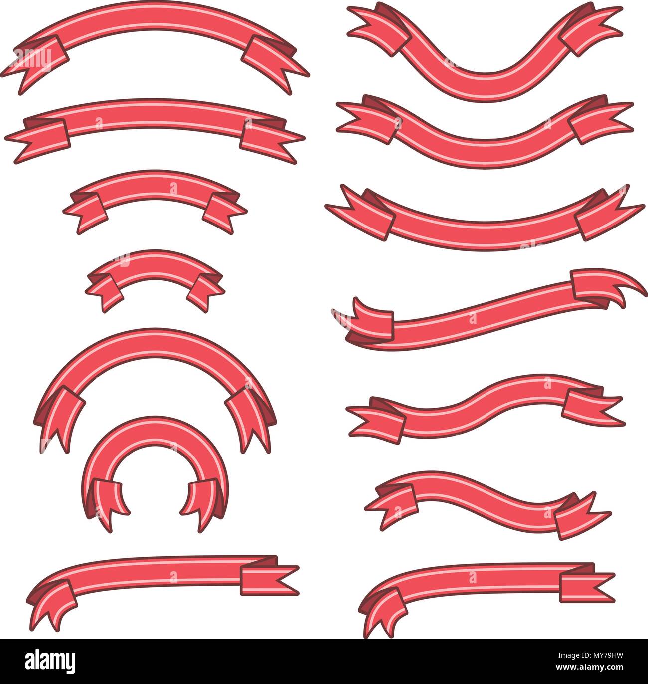Set of different ribbons with strips, red tape banner collection