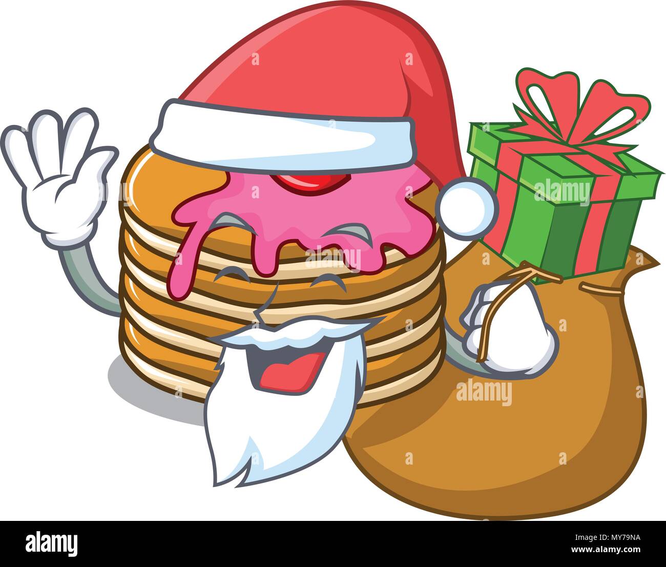 Santa with gift pancake with strawberry mascot cartoon Stock Vector