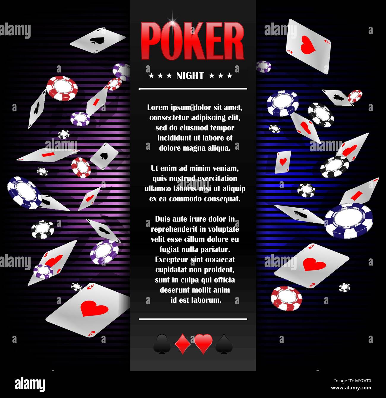 Casino Gambling Poker background poster design template. Poker invitation with Playing Cards and chips. Online Casino Game design. Vector illustration. Stock Vector