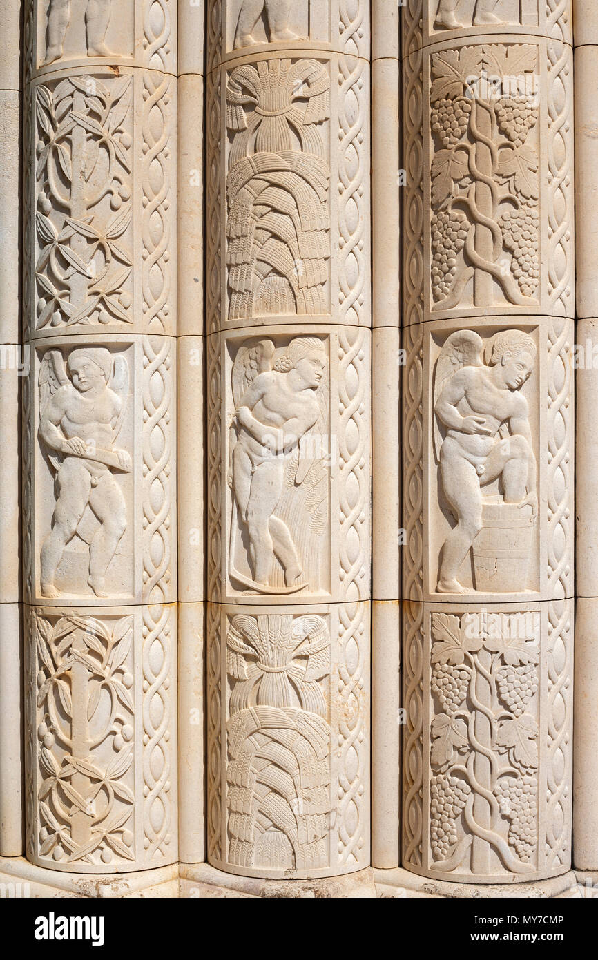 An example of use of the stone of Brac: the family Petrinović's mausoleum in the cemetery of Supetar (Comitat de Split-Dalmatie - Croatia). Stock Photo