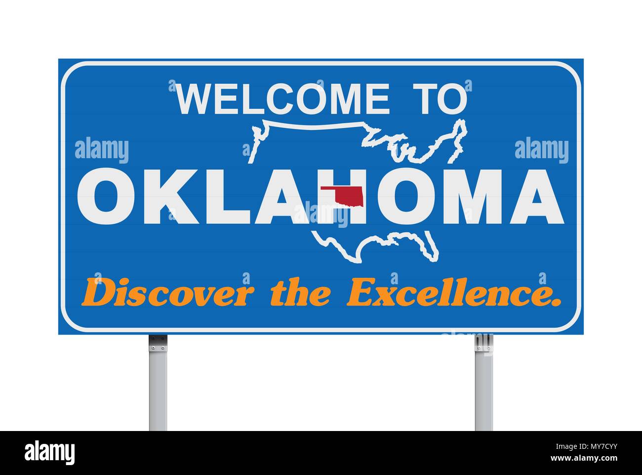 Vector illustration of the Welcome to Oklahoma blue road sign with the official nickname 'Discover the Excellence.' Stock Vector