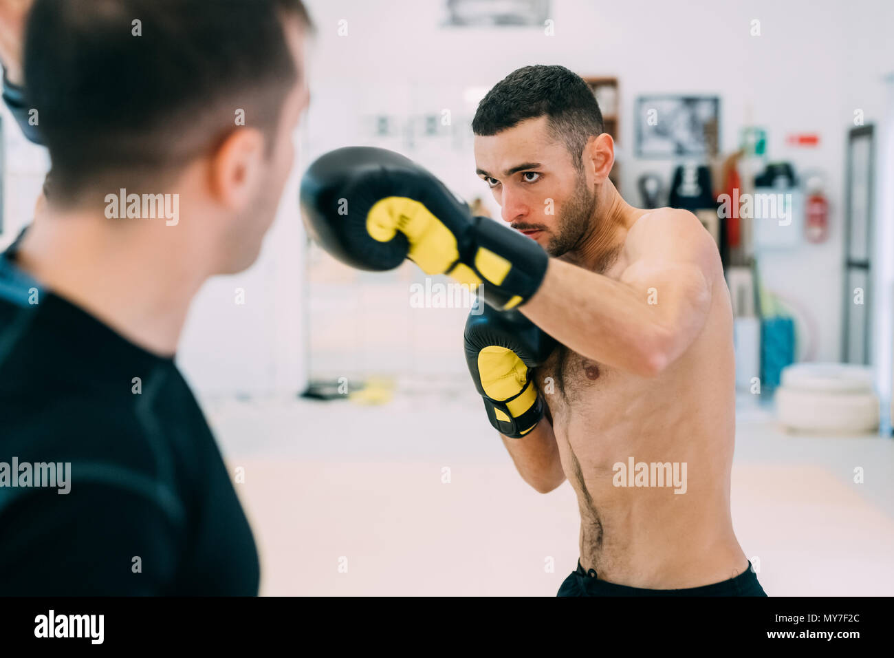 Man wearing boxing gloves sparring Stock Photo