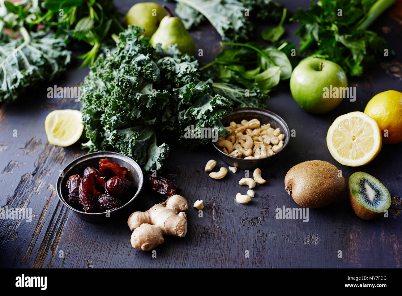 Ingredients for kale and kiwi fruit green smoothie, close-up Stock Photo