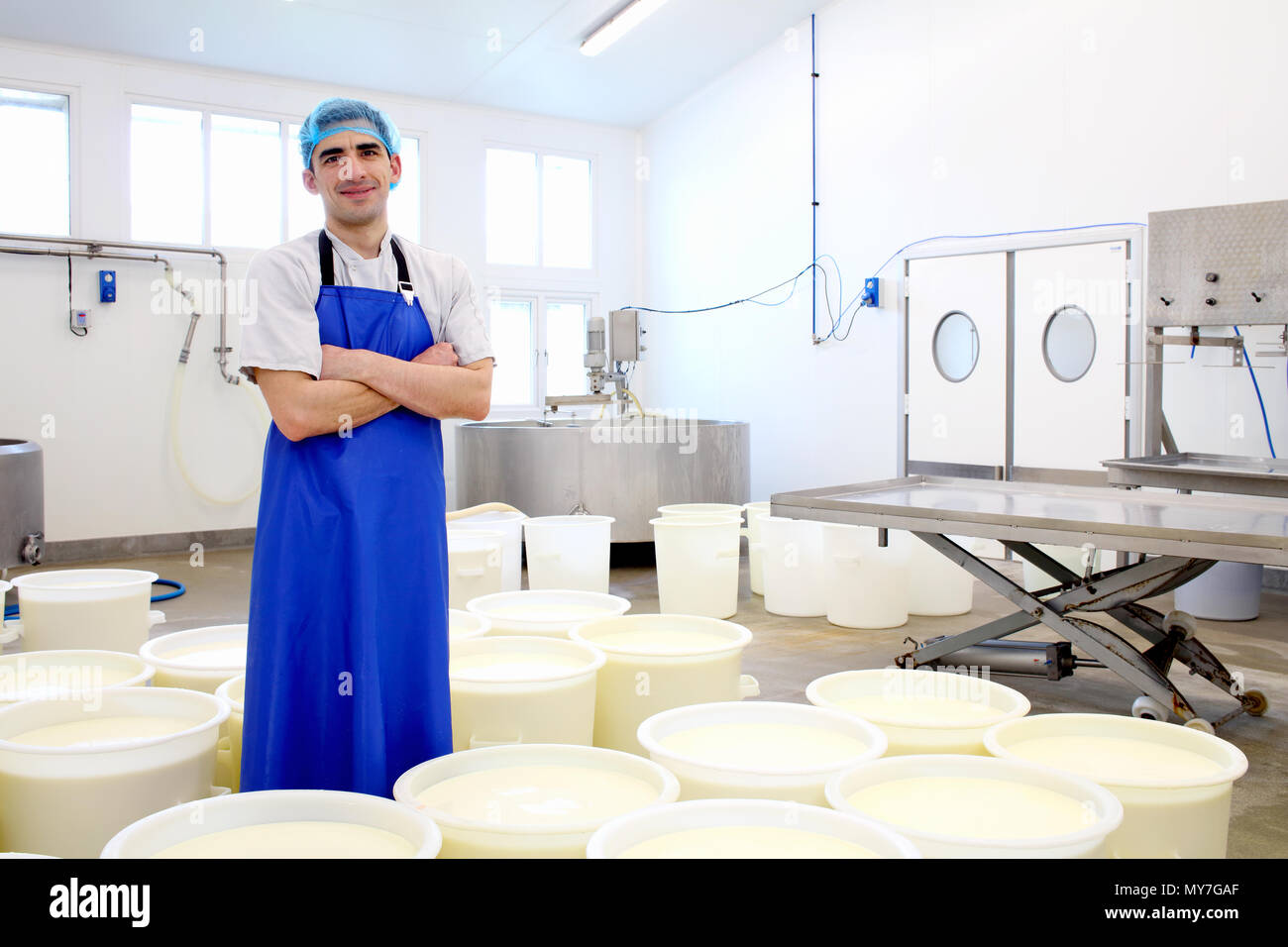 Portrait of cheese maker with large containers of milk about to be separated into curd and whey Stock Photo