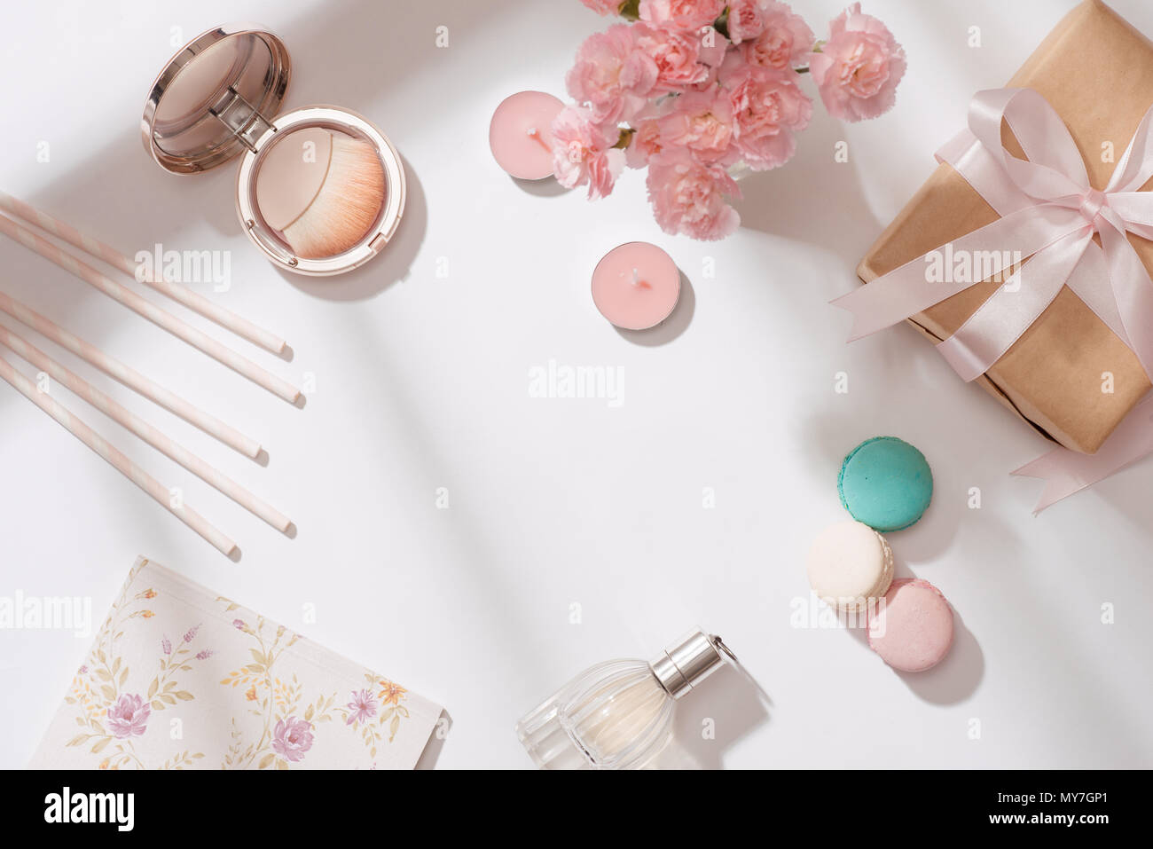 Creative And Fashion Composition Stationery Objects On Desk Flat
