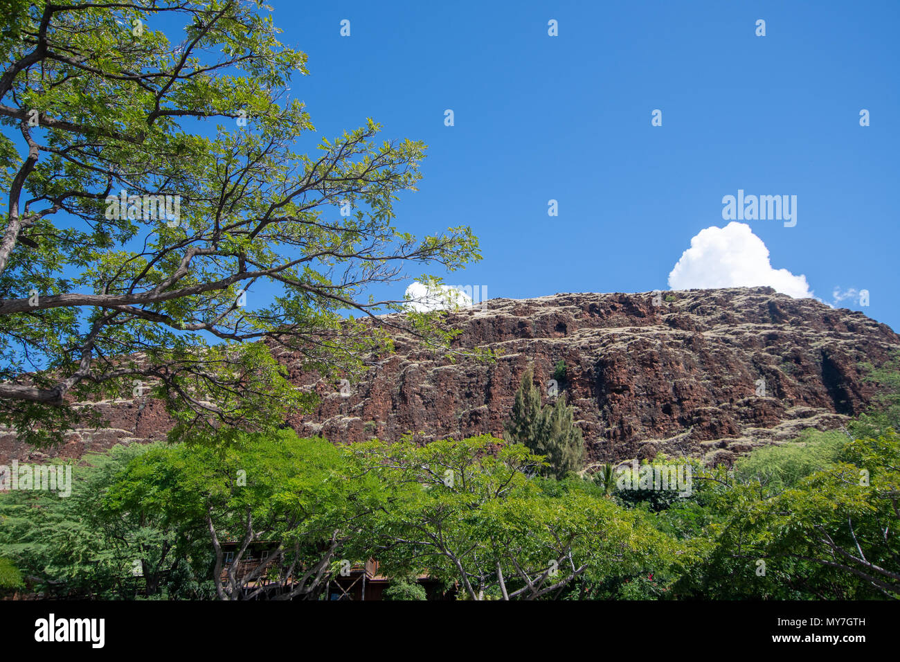 Hawaii scene with mountain and blue sky Stock Photo