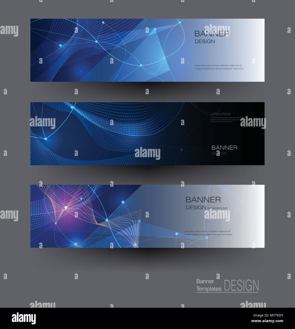 Illustration banners set, Abstract Molecules with Circles, Lines, Geometric, Polygon. Vector design network communication on dark blue background. Fut Stock Vector
