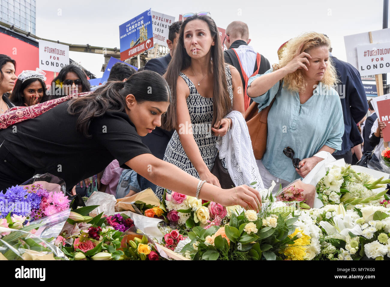 London Bridge Terror Attacks First Anniversary,Friends and relations of the deceased lay flowers in remberance,London Bridge,London.UK Stock Photo