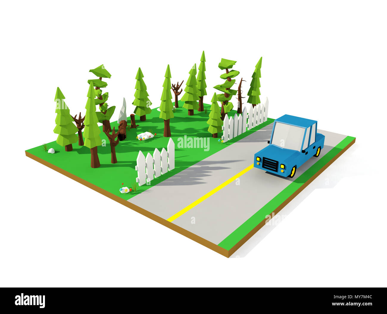 3D isometric landscape, suburban road with cartoon car and pine forest, low polygon, 3D rendering Stock Photo