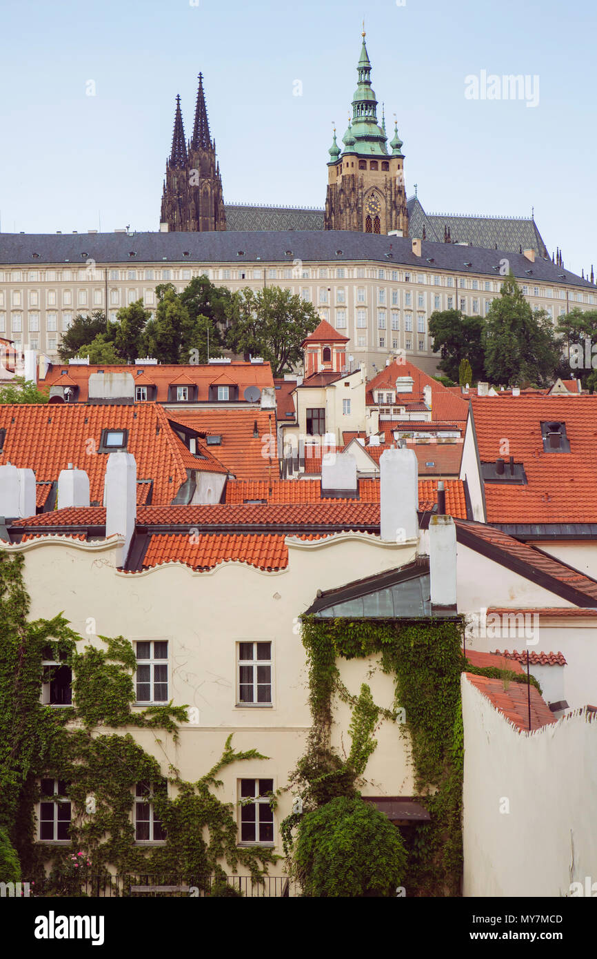 Nontraditional Prague view from romantic court to Prague castle with St Vitus cathedral Stock Photo