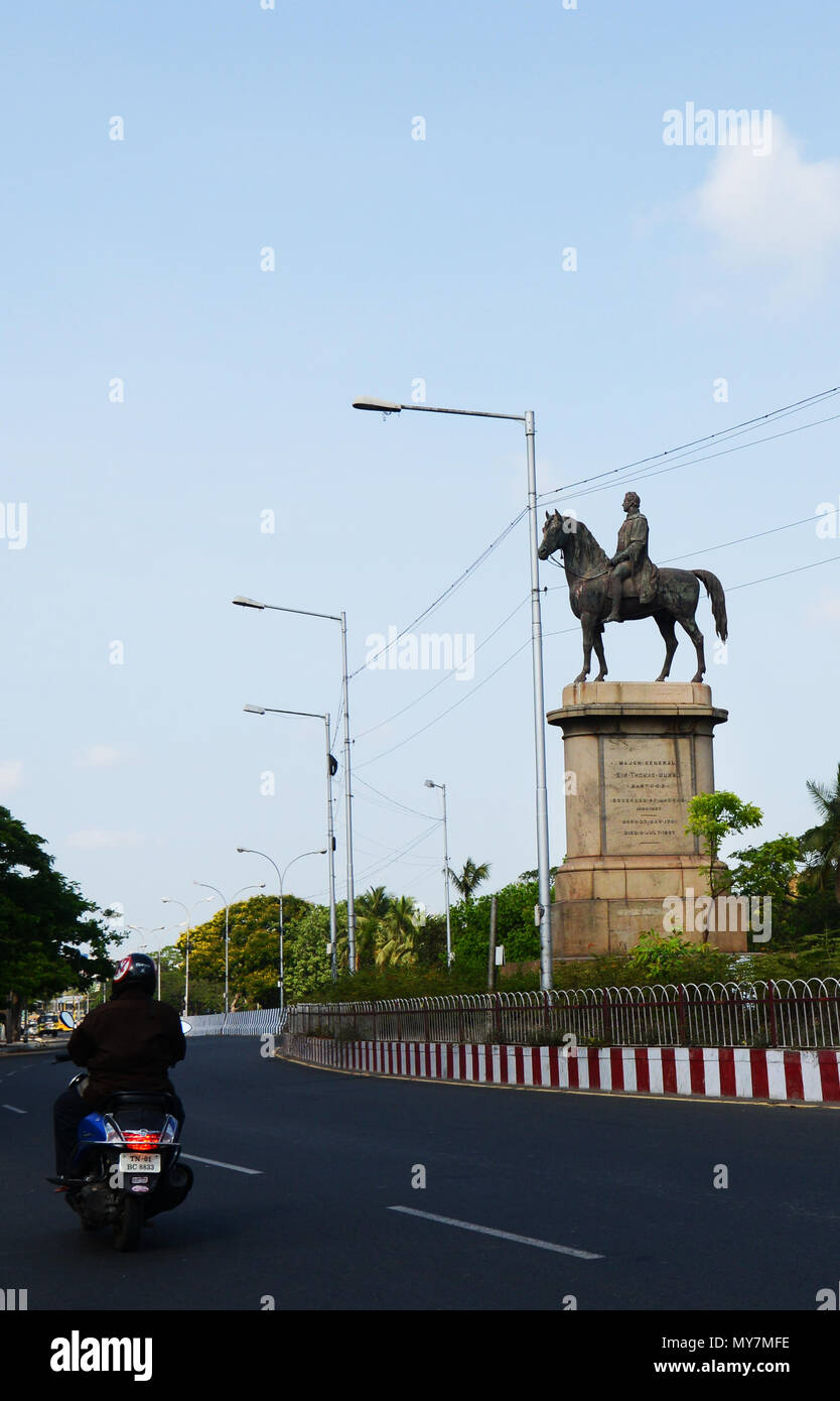 Statue of Thomas Munro, 1st Baronet, Scottish army commander and Governor of Madras from 1820 to 1827, located in the city center. Stock Photo