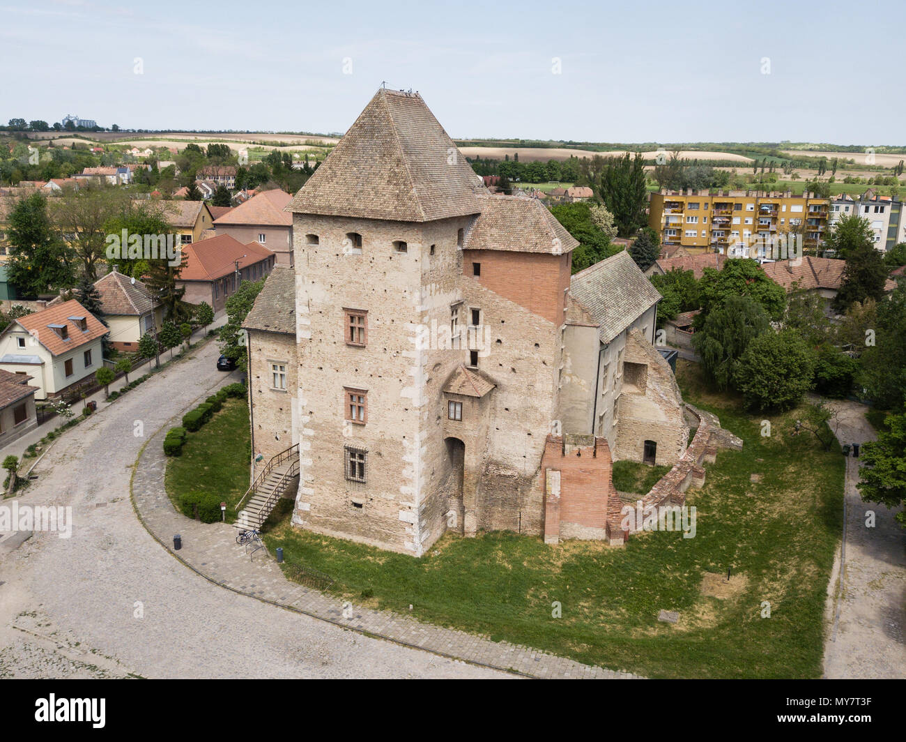 Simontornya, Hungary - APRIL 26, 2018: Aerial top view to medieval castle of Simontornya city, Hungary, Stock Photo