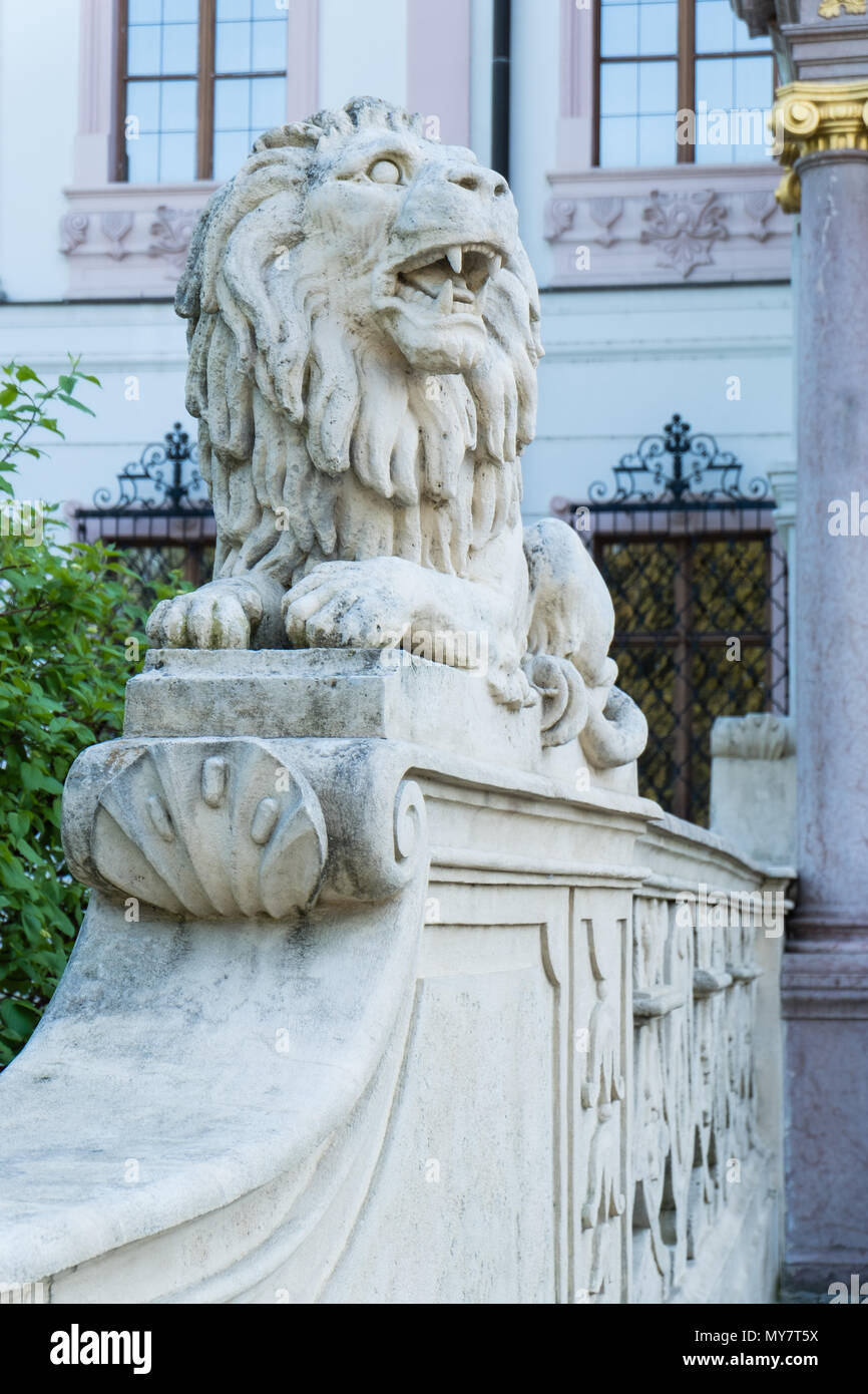 GODOLLO, HUNGARY - APRIL 22, 2018: Lion statue at the royal palace in Godollo, Hungary Stock Photo