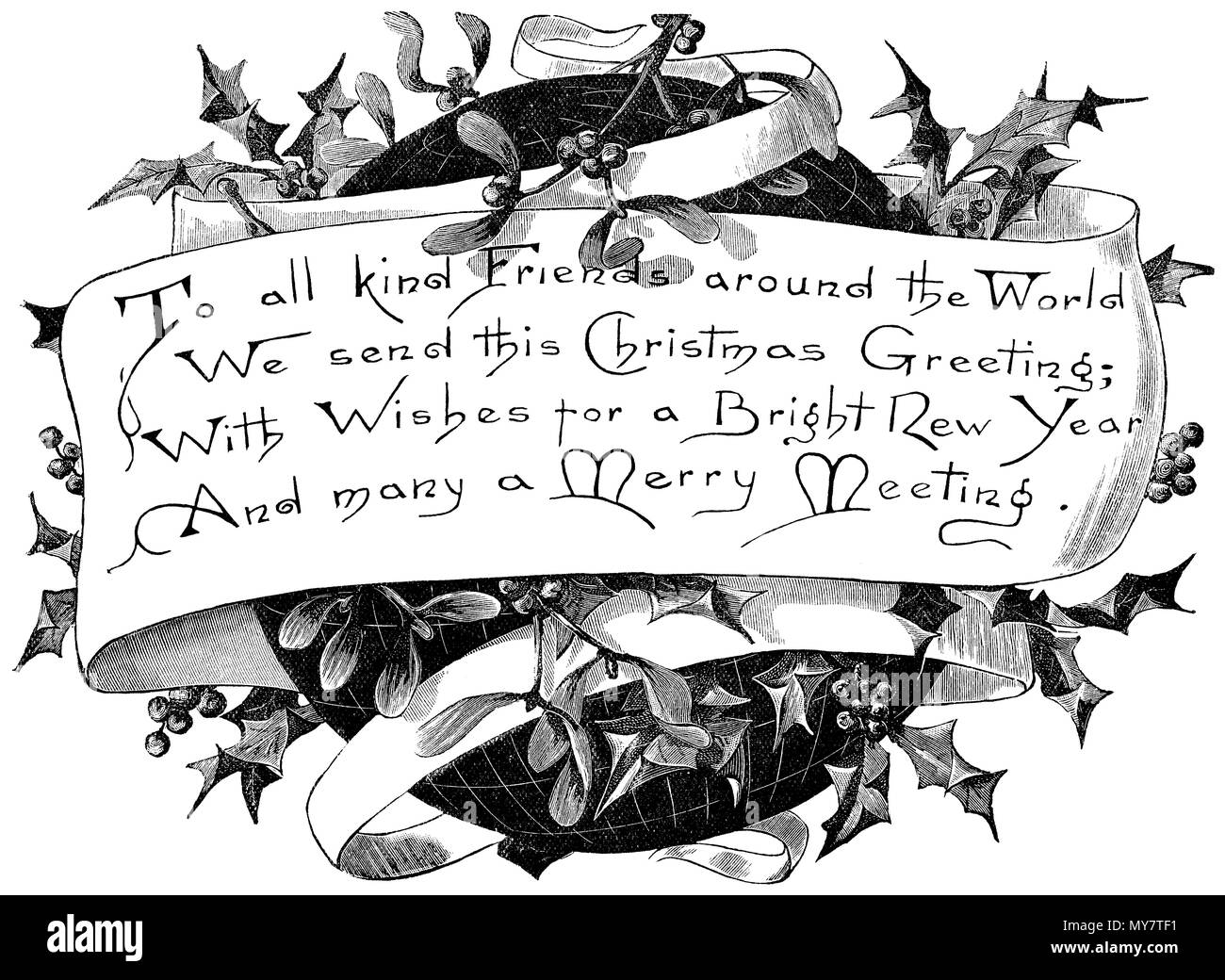 Christmas greetings engraving from The Boy's Own Paper Annual, Volume 13, 1890-1891. Illustrated by H.F. Hobden. Stock Photo