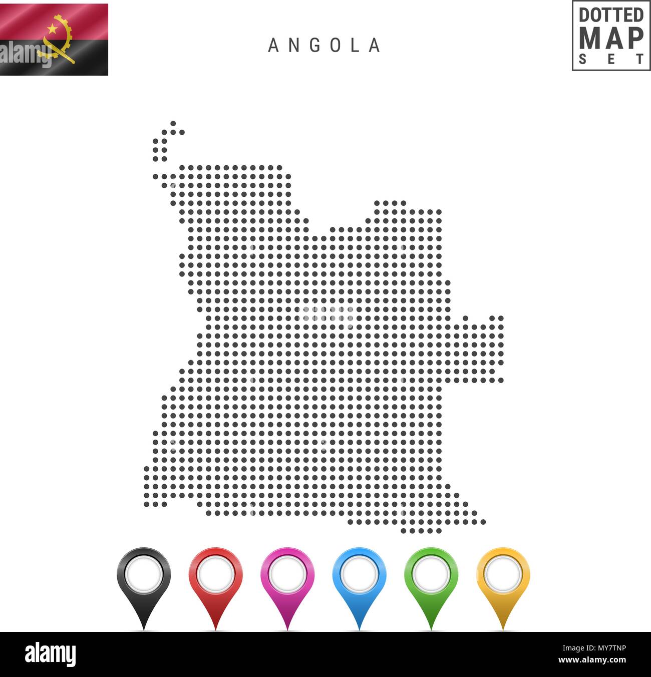 Vector Dotted Map of Angola. Simple Silhouette of Angola. The National Flag of Angola. Set of Multicolored Map Markers Stock Vector