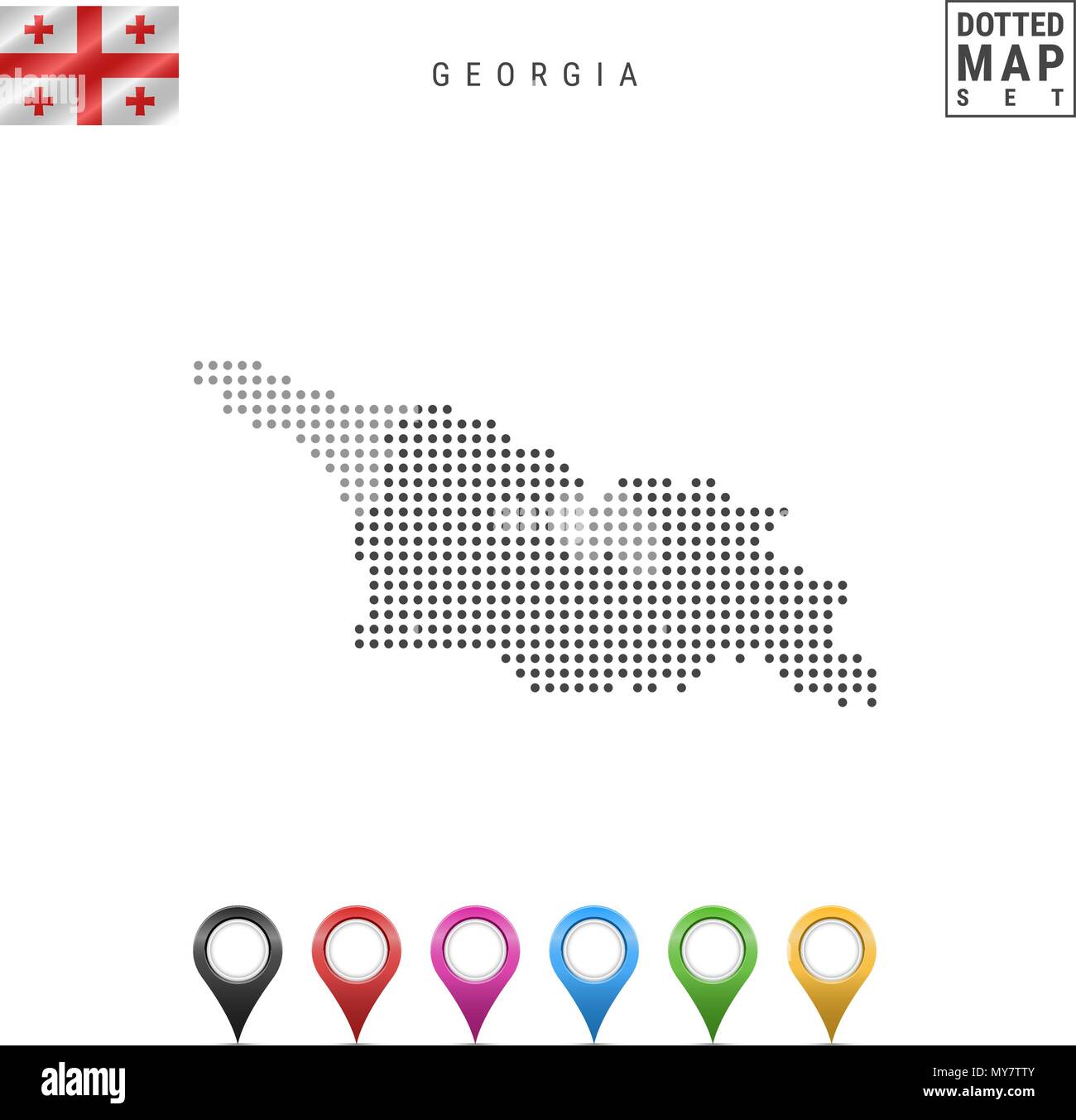 Vector Dotted Map of Georgia. Simple Silhouette of Georgia. National Flag of Georgia. Set of Multicolored Map Markers Stock Vector