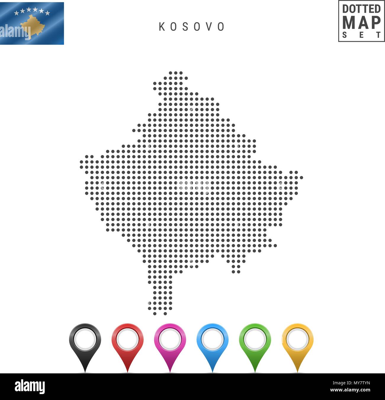 Vector Dotted Map of Kosovo. Simple Silhouette of Kosovo. The National Flag of Kosovo. Set of Multicolored Map Markers Stock Vector
