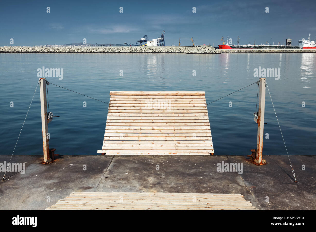 Wooden lift gangway in port of Burgas, Bulgaria Stock Photo