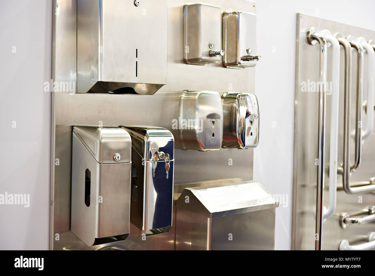 Napkin boxes and soap dispensers in the store of goods for shared toilets Stock Photo