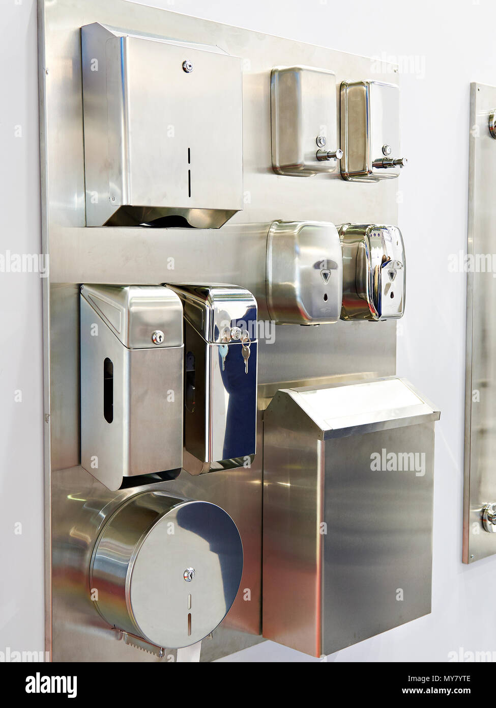 Napkin boxes and soap dispensers in the store of goods for shared toilets Stock Photo