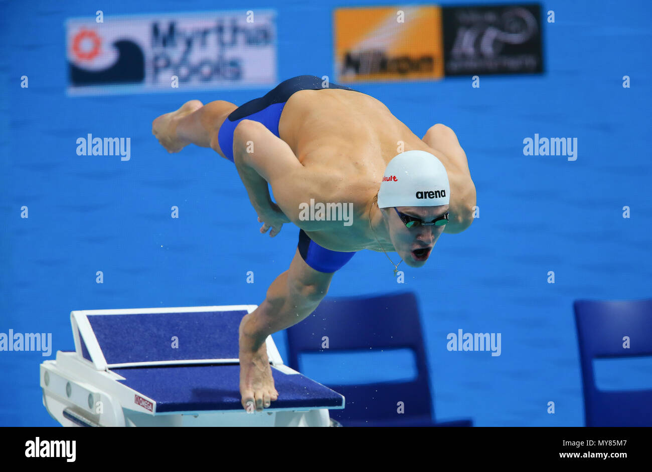 BUDAPEST, HUNGARY - JULY 25: Daniil Pakhomov of Russia  in the heats of the mens 200m butterfly during day 12 of the FINA World Championships at Duna Arena on July 25, 2017 in Budapest, Hungary. (Photo by Roger Sedres/ImageSA/Gallo Images) Stock Photo