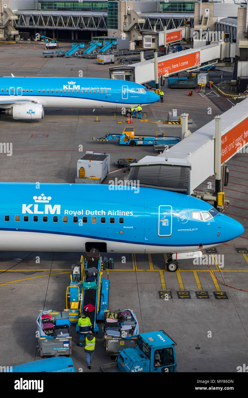 KLM aircrafts at Amsterdam Schiphol Airport, in North Holland, the Netherlands, Stock Photo