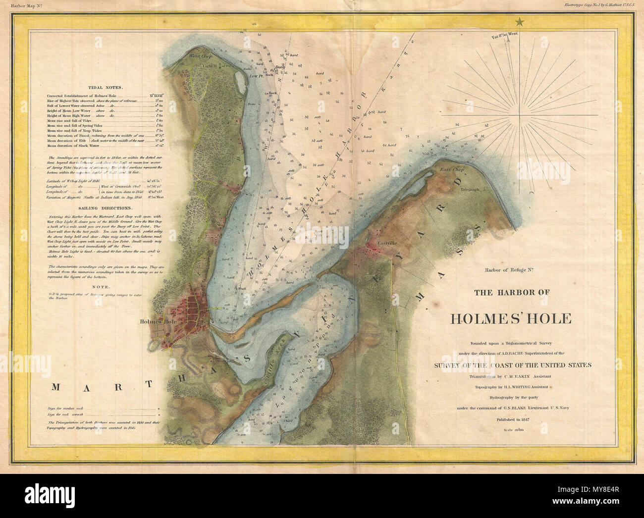 . Harbor of Refuge No. The Harbor of Holmes' Hole.  English: This is a rare example of the 1847 U.S. Coast Survey nautical chart or map of Holmes’ Hole (Vineyard Haven), Martha’s Vineyard, Massachusetts. Focusing on the town of Holmes’ Hole, today’s Vineyard Haven, this map covers from West Chop to East Chop and as far south as Little Neck and Lagoon Pond. Presents a rare mid-19th century view of one of Martha’s Vineyard’s three main population centers. This map offers exceptional inland detail noting individual streets, farms and buildings in Holmes’ Hole and Eastville. Countless depth soundi Stock Photo