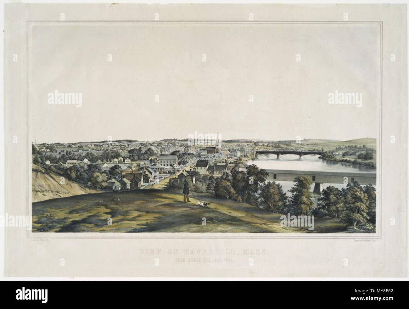. Image Title: View of Haverhill, Mass, from Silver Hill, Nov. 1850. Creator: Pfau, Gustavus, b. ca. 1800 -- Artist Additional Name(s): Tappan & Bradford -- Printer Of plates Published Date: [1851?] Depicted Date: 1850 Medium: Lithographs -- Color Specific Material Type: Prints Item Physical Description: 1 print ; 40 x 65.3 cm. Notes: Print depicts November 1850. Standard Reference: Deák 607; Stokes 1850-G-4 . circa 1850s. Tappan & Bradford 6 1850 Haverhill Massachusetts by Tappan and Bradford Stock Photo