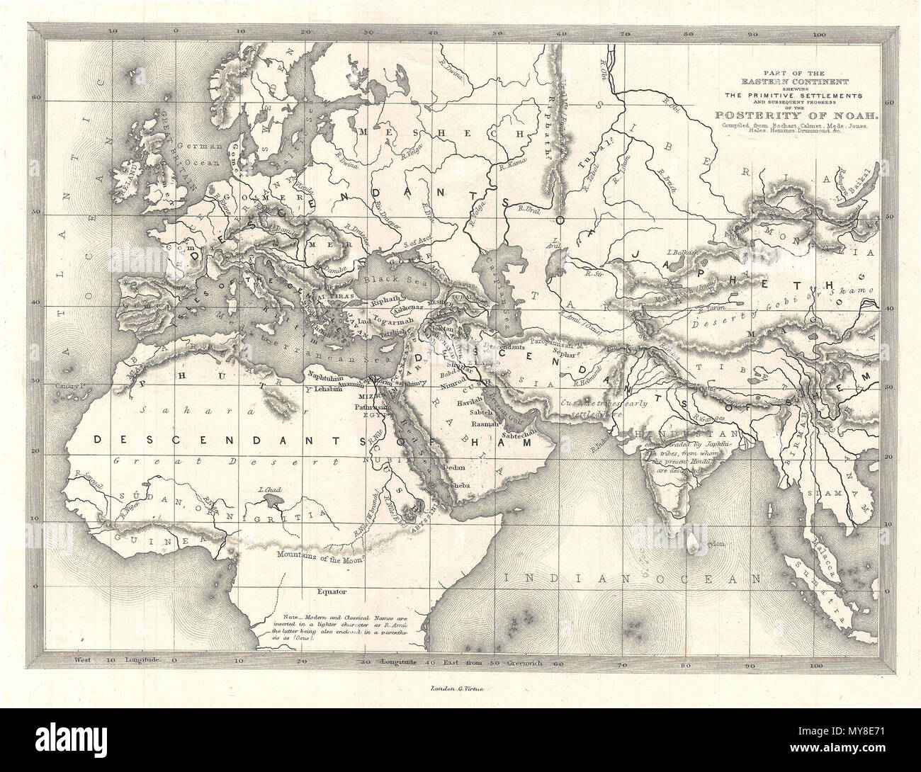 . Part of Eastern Continent Shewing The Primitive Settlements and Subsequent Progress of the Posterity of Noah .  English: This is a beautiful c. 1850 map of Europe, northern Africa, and western Asia. Drawn to illustrated the Primitive Settlements and Subsequent Progress of the Posterity of Noah compiled from Bochart, Calmet, Mede, Jones, Hales, Hemings, and Drummond. Labels the lands where Ham, Japeth, and Shem (the sons of Noah) settled following the Deluge. Makes note of mountain ranges, rivers, and bodies of water. Note on bottom addresses the labeling of land using classical and modern na Stock Photo